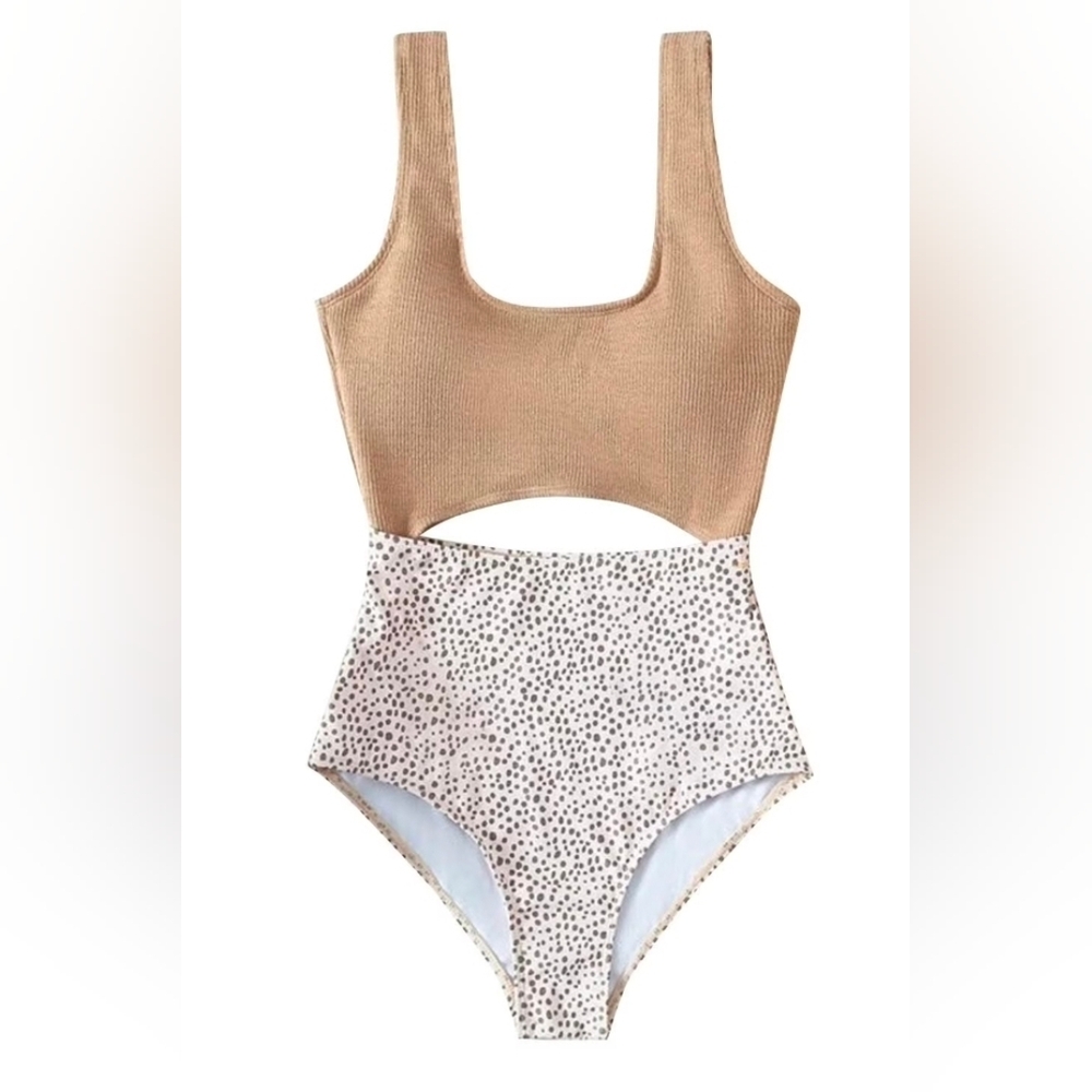 Tan and White Cutout Swimsuit